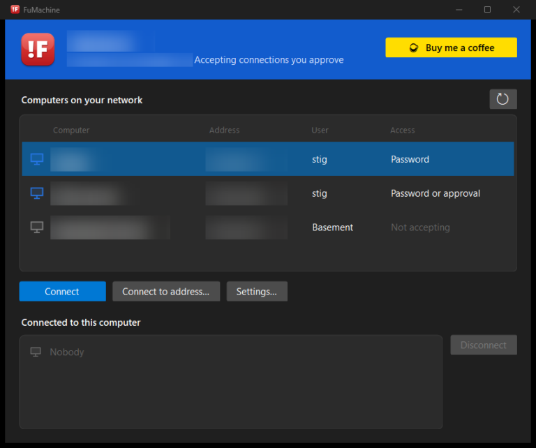 The FuMachine main window, listing the computers on the local network