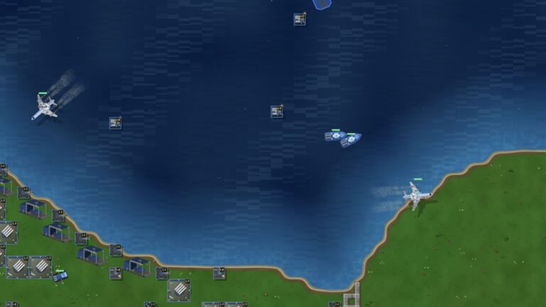Iron Command gameplay: jets and warships over the sea, with a base on the coast