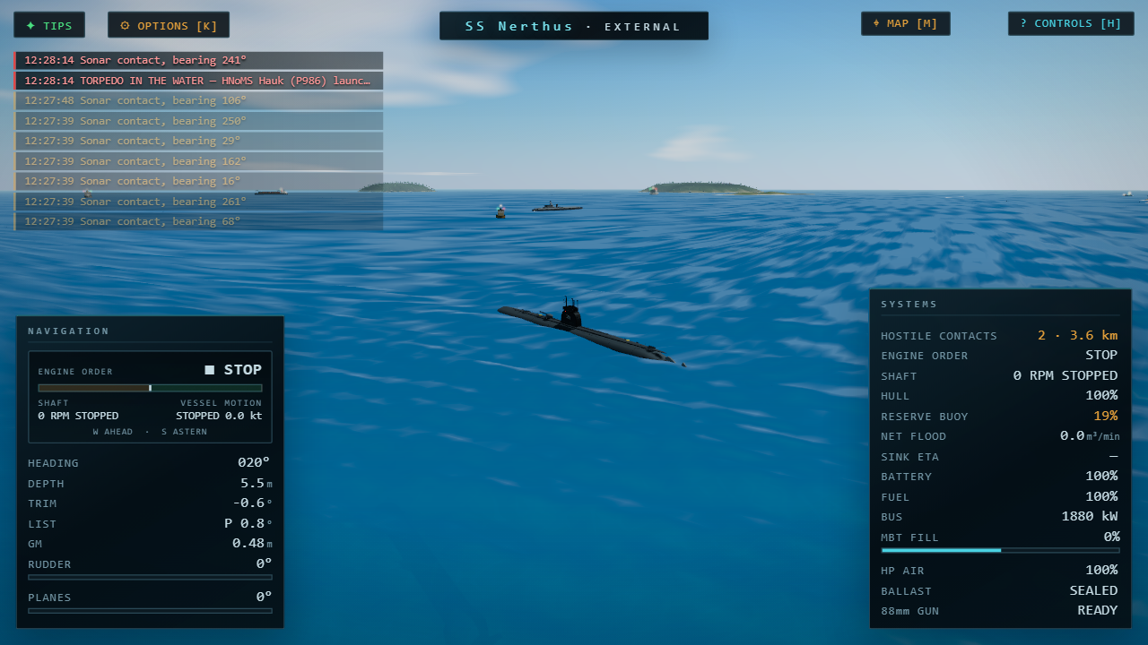 NavalDeep: a submarine at the surface with ships and islands on the horizon