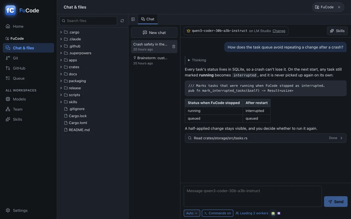 A FuCode chat explaining how the task queue handles a crash, next to the file explorer