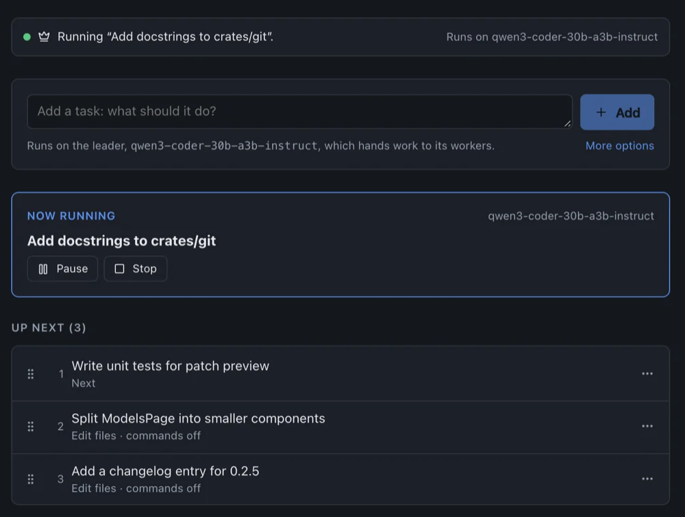 The Queue page with one task running and three waiting
