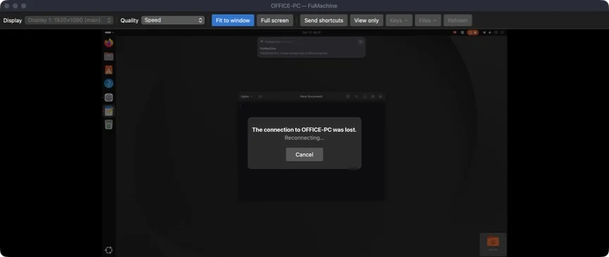 The FuMachine viewer with the message: The connection to OFFICE-PC was lost. Reconnecting…