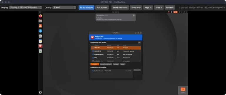 The FuMachine Mac app showing an Ubuntu desktop, with the Linux FuMachine window open on it