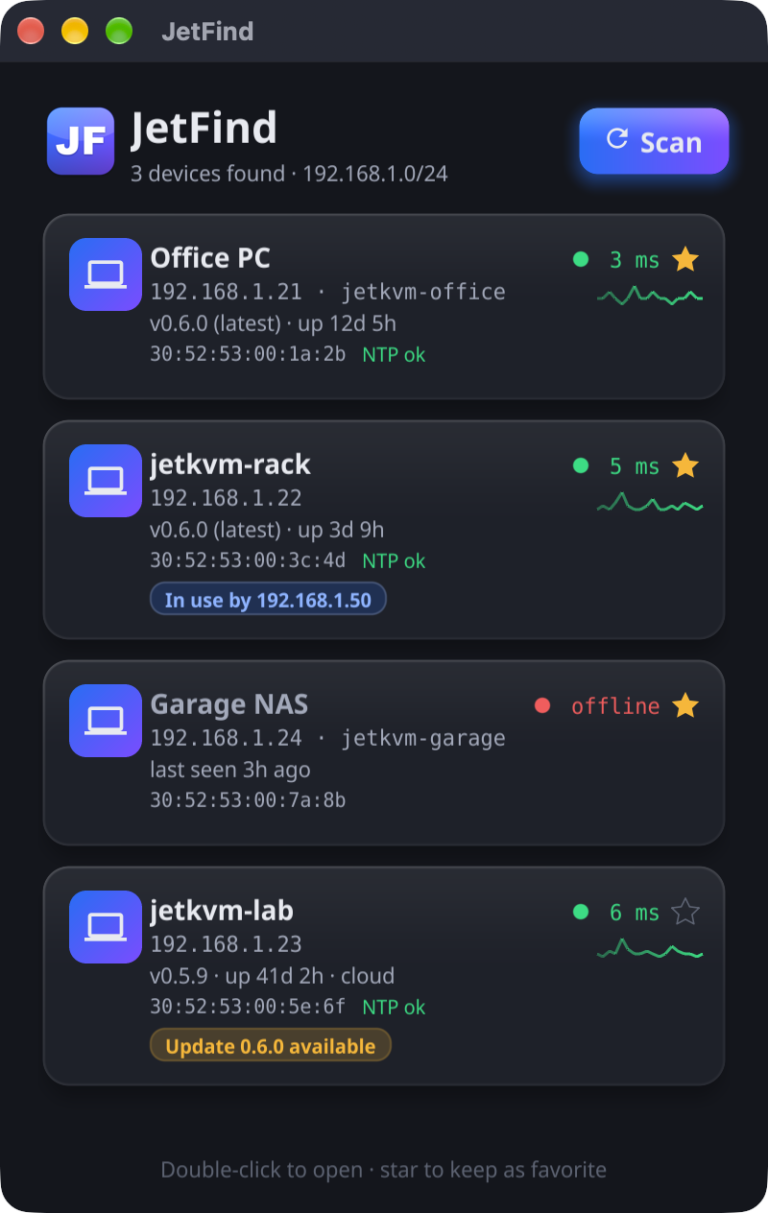 JetFind window listing JetKVM devices with ping, firmware version and favorites