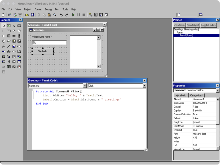 VibeBasic 0.10.1: a form in the designer above its code, with the Toolbox, Project and Properties windows