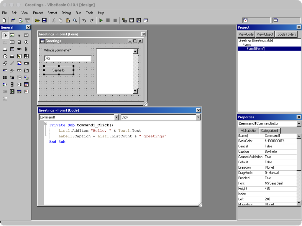 VibeBasic 0.10.1: a form in the designer above its code, with the Toolbox, Project and Properties windows