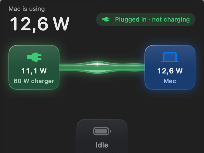 The Wattbar panel: the charger powers the Mac through a glowing green glass rod