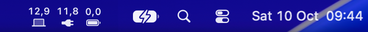 Wattbar in the macOS menu bar, showing the Mac, charger and battery readings next to the standard menu bar items