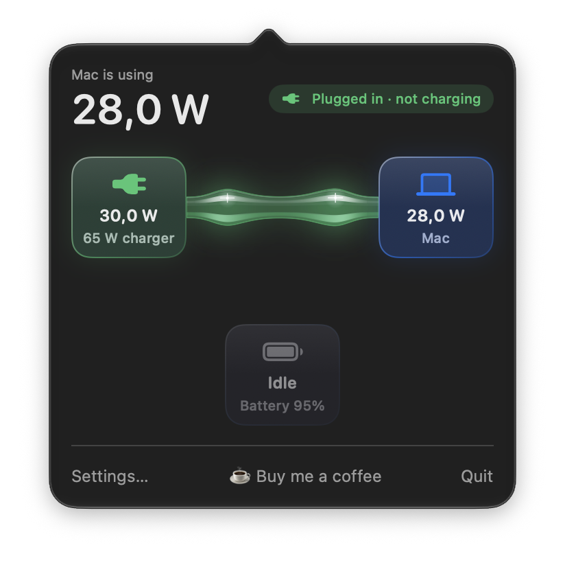The Wattbar panel: the charger powers the Mac through a glowing green glass rod, the battery is idle