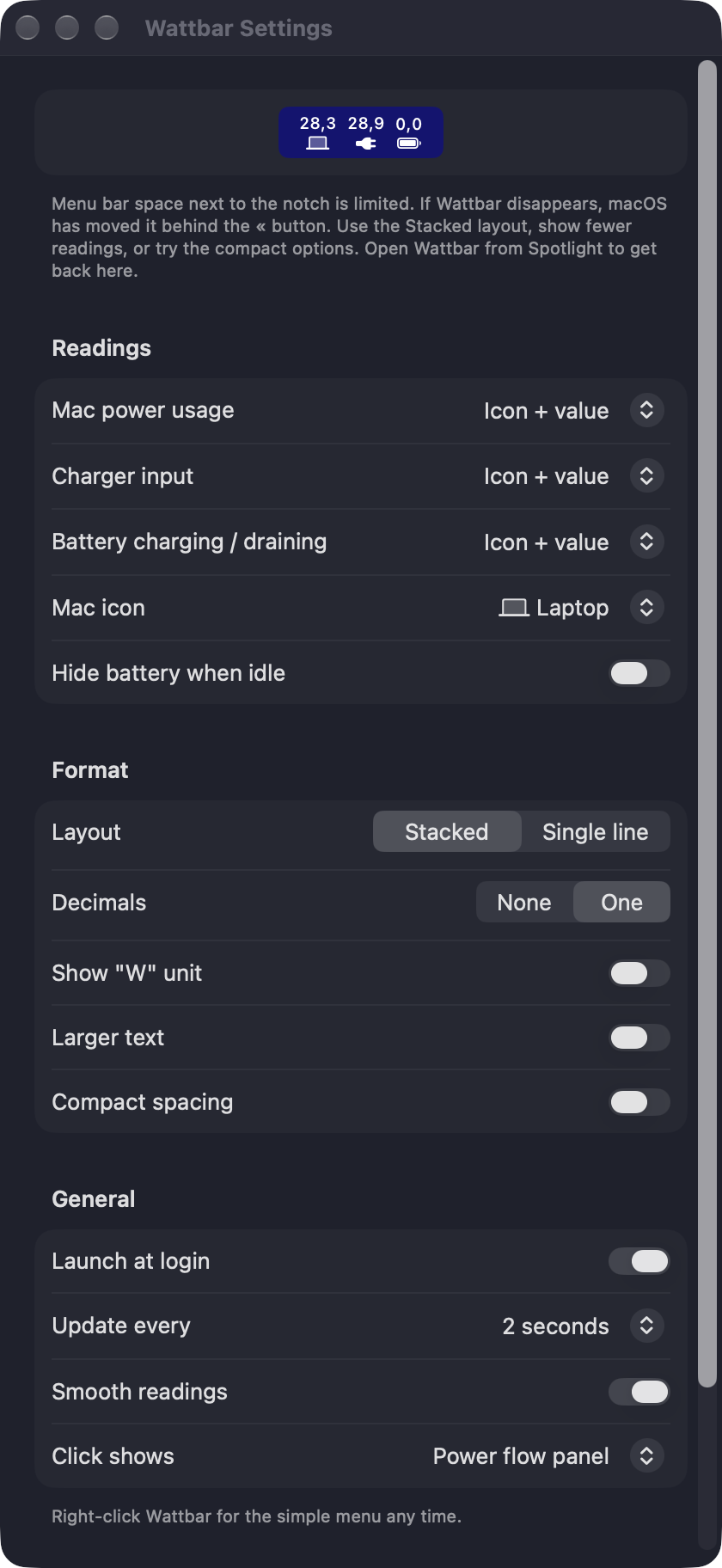 The Wattbar Settings window with a live preview, readings, format and general settings