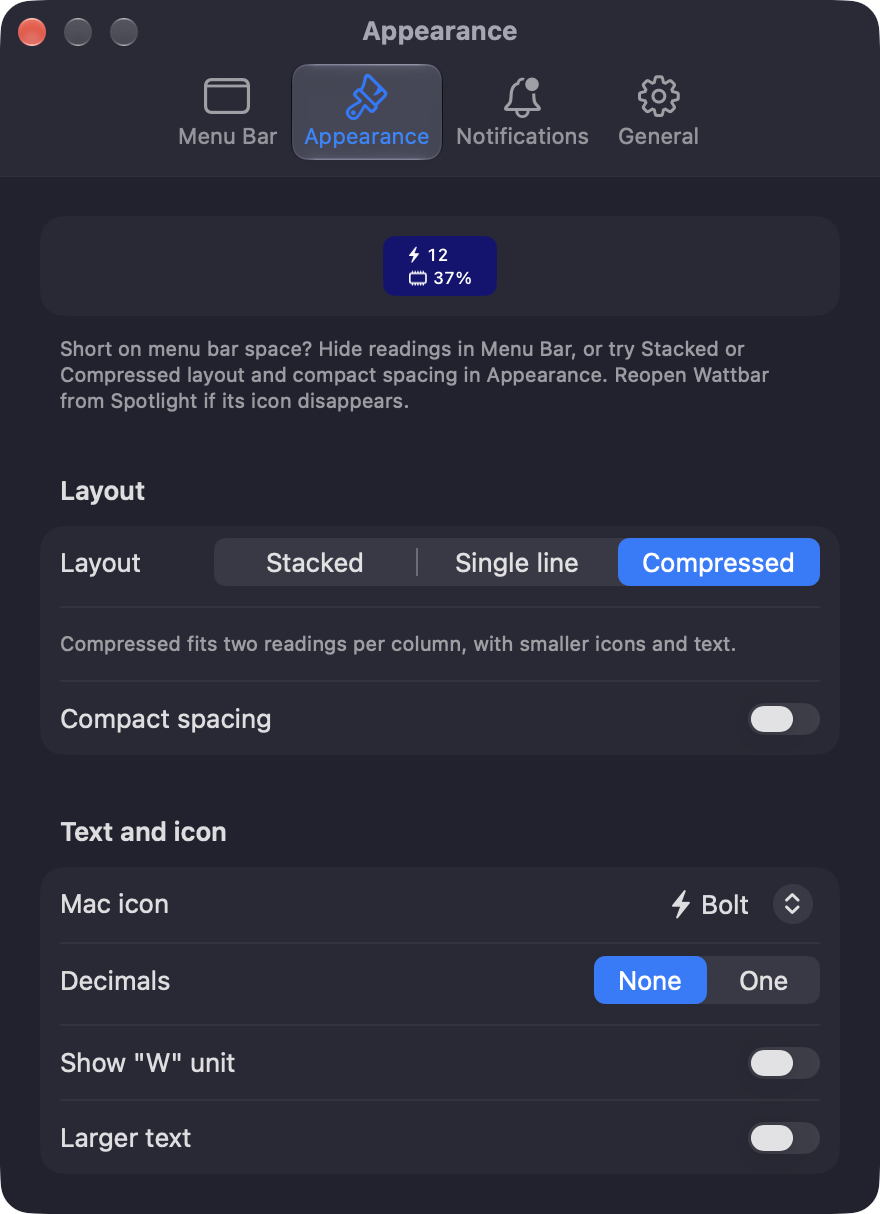 Wattbar Settings, Appearance tab: layout Stacked, Single line or Compressed, compact spacing, Mac icon, decimals, unit and larger text