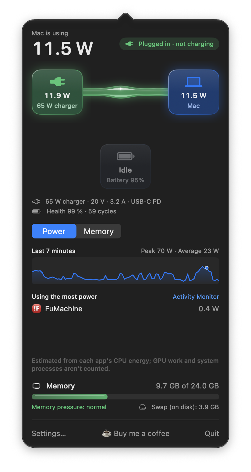 The Wattbar panel: the Mac uses 12 watts, the charger delivers it through an animated glass tube, with a graph of the last half hour and the apps using the most power below.
