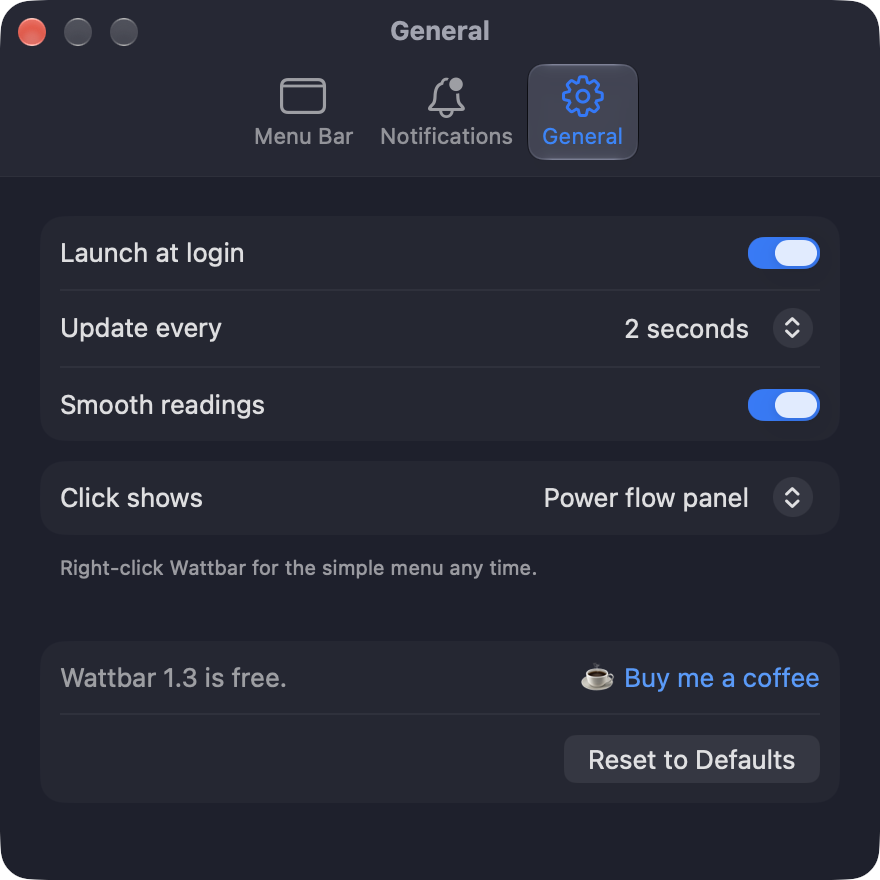 Wattbar settings, General tab