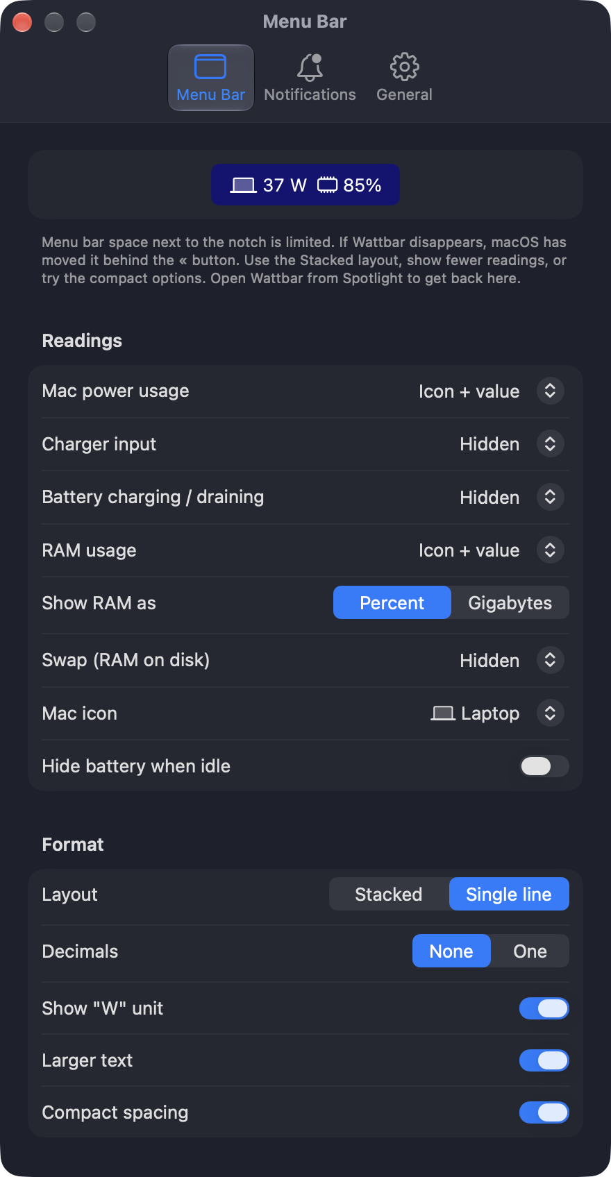 Wattbar settings, Menu bar tab