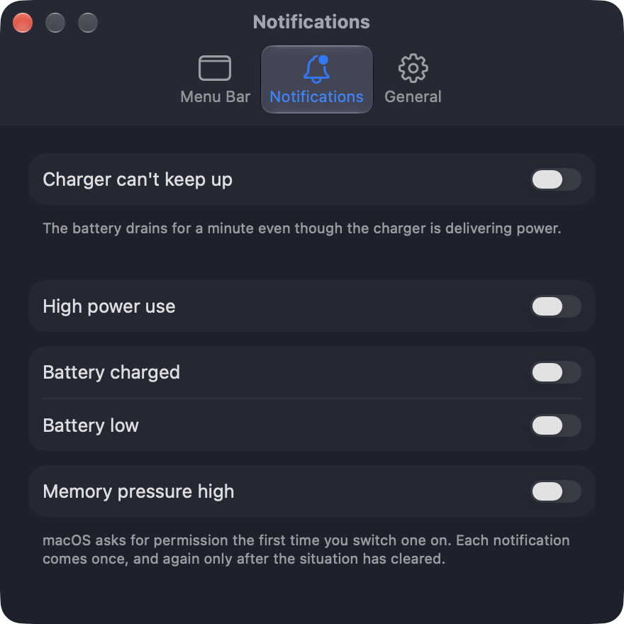 Wattbar settings, Notifications tab
